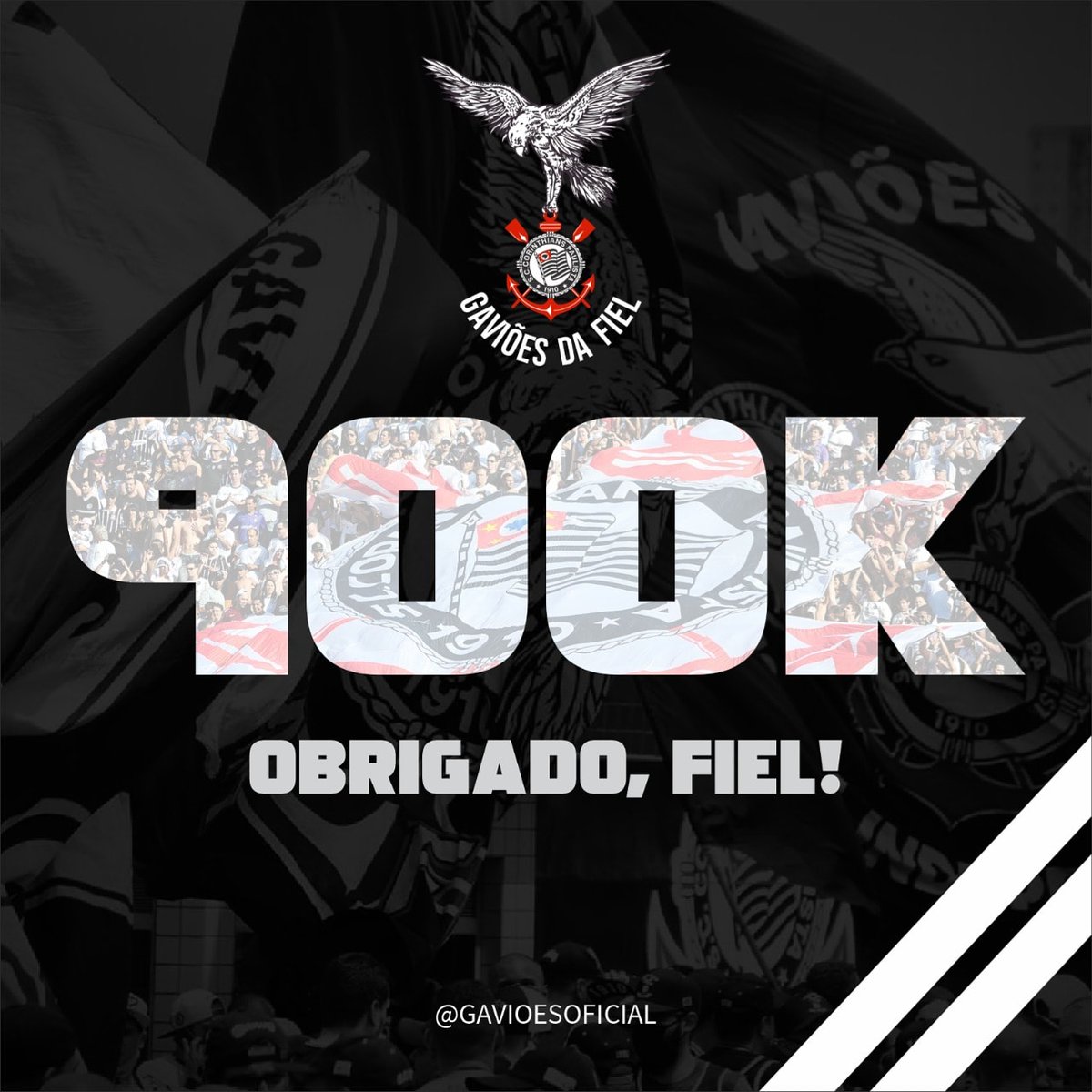 gavioesoficial's tweet photo. OBRIGADO, FIEL! 

Somos 900 mil loucos pelo Corinthians no Instagram! Agradecemos a todos que nos acompanham e esperamos em breve chegar em 1.000.000!

Nós Somos os Gaviões!

#900mil
#LiberdadePraTorcer 
#Gavioes 
#VaiCorinthians https://t.co/2tXpqfnrgP