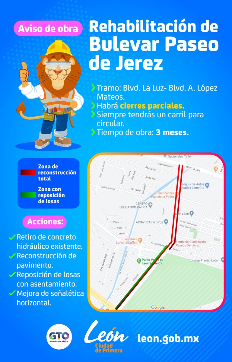 DGOP_Leon's tweet photo. #Entérate 📣Avanzamos en la rehabilitación de bulevar Paseo de Jerez👷👷‍♀️.

La obra presenta un avance del 55%, y a finales de noviembre concluiremos los trabajos de colado 🏗️en pavimento.

Pronto podrás circular 🚗 de nuevo por ambos carriles. https://t.co/k43mgrAMHb