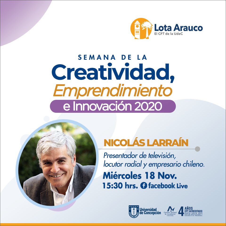 CFTLotaArauco1's tweet photo. Te invitamos a participar de la Semana de la Creatividad, Emprendimiento e Innovación 2020.  Tres días de charlas con expertos en emprendimiento y la feria virtual Innovando al sur del Biobío.  Conoce el programa de actividad y sigue nuestras transmisiones por Facebook Live. https://t.co/TyoDQv9ehu