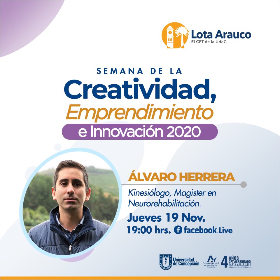 CFTLotaArauco1's tweet photo. Te invitamos a participar de la Semana de la Creatividad, Emprendimiento e Innovación 2020.  Tres días de charlas con expertos en emprendimiento y la feria virtual Innovando al sur del Biobío.  Conoce el programa de actividad y sigue nuestras transmisiones por Facebook Live. https://t.co/TyoDQv9ehu