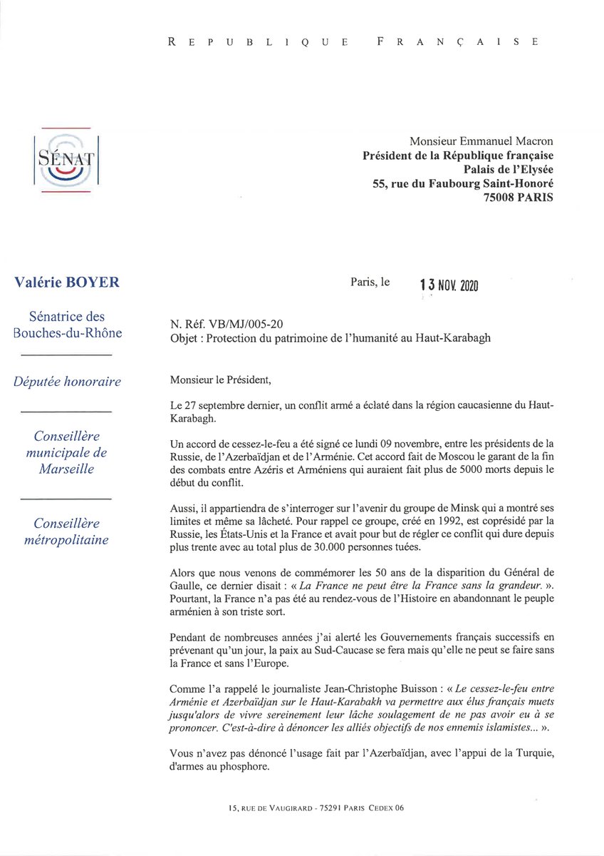 valerieboyer13's tweet photo. Pour faire suite à ma pétition, j'ai adressé un courrier au Président de la République pour lui demander de saisir l'UNESCO afin de préserver le patrimoine de l'humanité du #HautKarabagh.

Signez la pétition ➡️ https://t.co/z7hPo56aO2 https://t.co/JOKroAJQKR