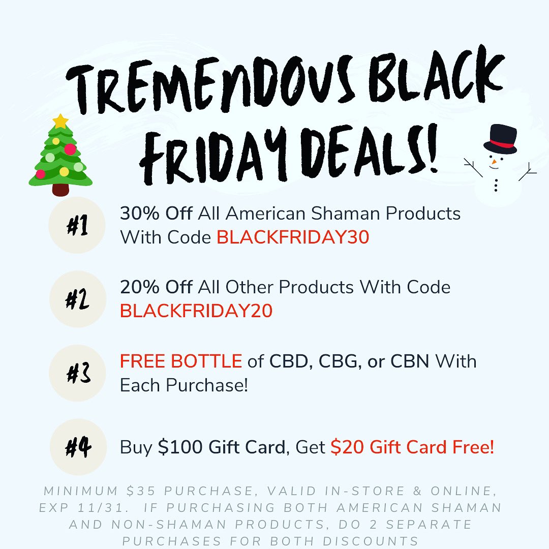 ShamanIndy's tweet photo. Our biggest sale EVER is going on now through the end of the month! #CBD #BlackFridayDeals https://t.co/n0Y2t07NUL