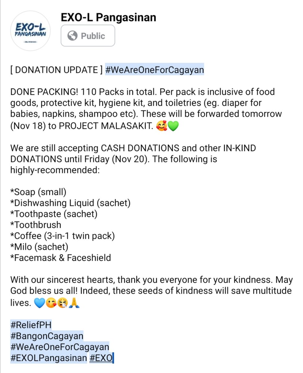 exolpangasinan's tweet photo. [ DONATION UPDATE ] #WeAreOneForCagayan

DONE PACKING! 110 Packs in total. Per pack is inclusive of food goods, protective kit, hygiene kit, and toiletries. These will be forwarded tomorrow (Nov 18) to PROJECT MALASAKIT. TYSM! 😭🙏💚

#ReliefPH
#BangonCagayan
#EXOLPangasinan #EXO https://t.co/jvRBCbBY96
