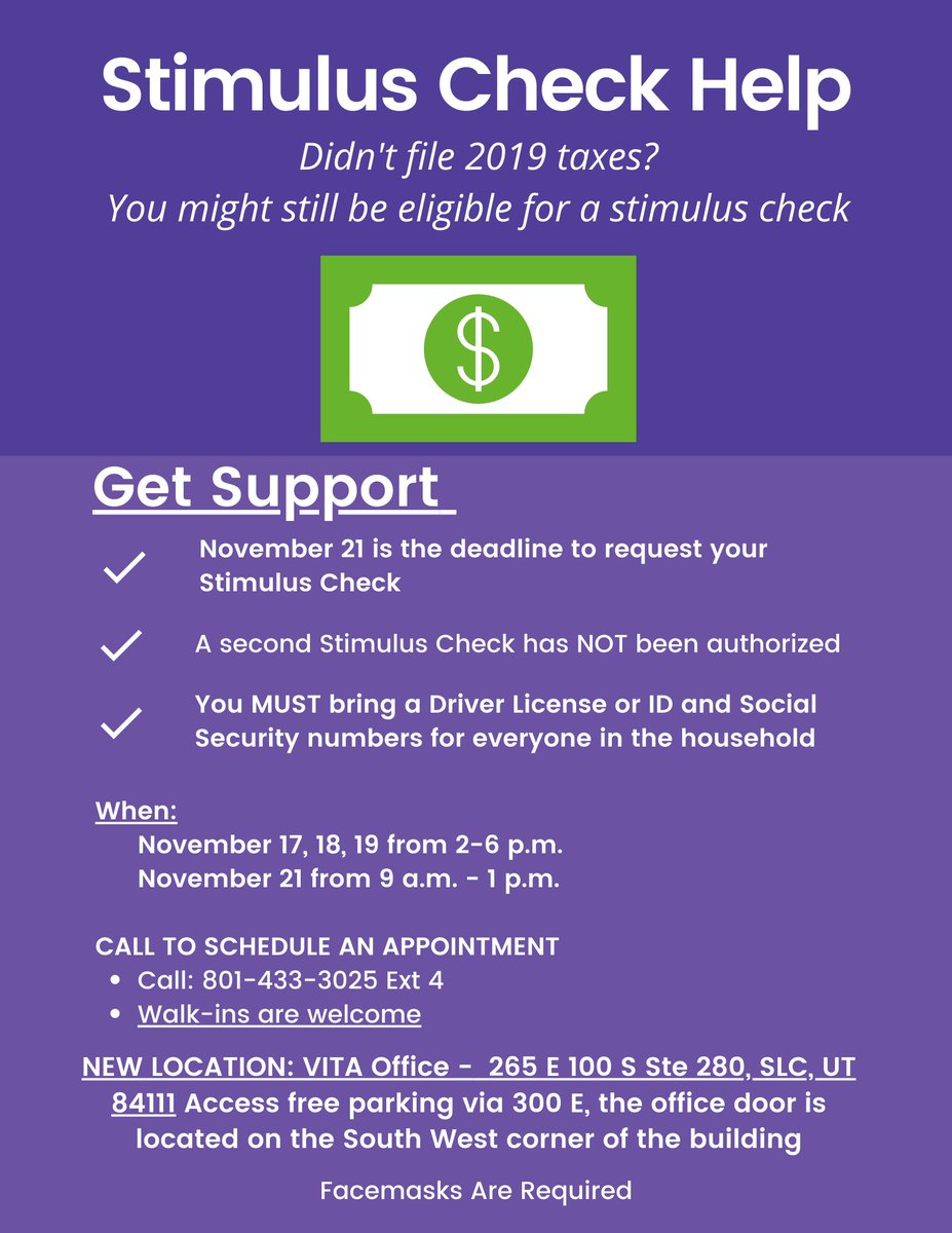 SLCgov's tweet photo. The deadline to request a stimulus check is around the corner on 11/21. Enrollment assistance is available! Although walk-ins are welcome, avoid wait times by calling 801-433-3025, Ext #4 to schedule your appointment TODAY. For eligibility info, visit https://t.co/bcm7hIF8Nq. https://t.co/MPvzL9SQVw