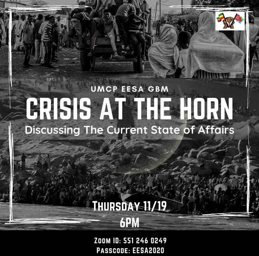 UMCP_EESA's tweet image. Come join us this Thursday 11/19 at 6pm for a discussion on the current events taking place in Ethiopia and Eritrea. We've also added some links for resources to support our communities in Ethiopia and Eritrea! 
Here's the link: linktr.ee/UMCPEESA
#EESATHURSDAYS