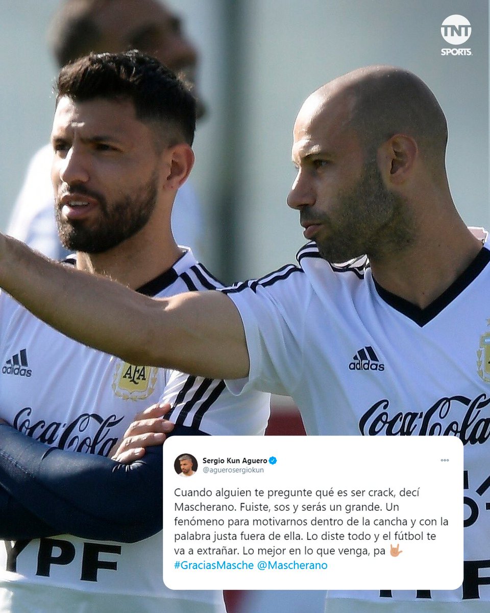 TNTSportsAR's tweet photo. DEL KUN AL JEFECITO 🗣️ Agüero le mandó este gran mensaje a Mascherano tras confirmarse el retiro del volante 💪🏼💪🏼💪🏼
📸 /aguerosergiokun https://t.co/C5XsIpxoCZ