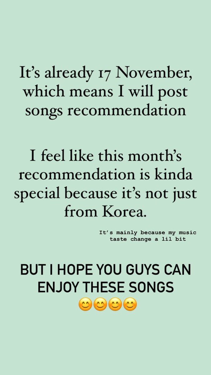 200_milligrams's tweet photo. Third week of November which means another exam week soon but still feels like I did nothing ㅠㅠ

Anyway, here’s November’s song recommendations to accompany you guys https://t.co/zWIdTzTRMv