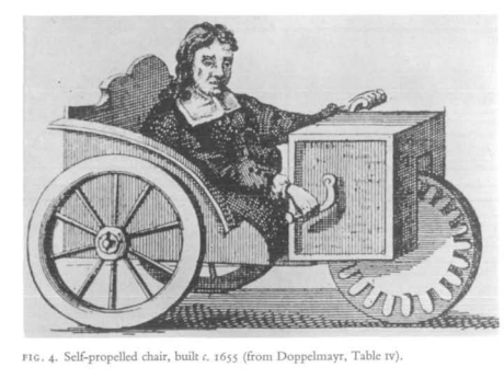 In Altdorf Germany, Stephan Farfler, a paraplegic watchmaker vehicle like a wheelchair in 1655 that was self propelled via cranks and cogs