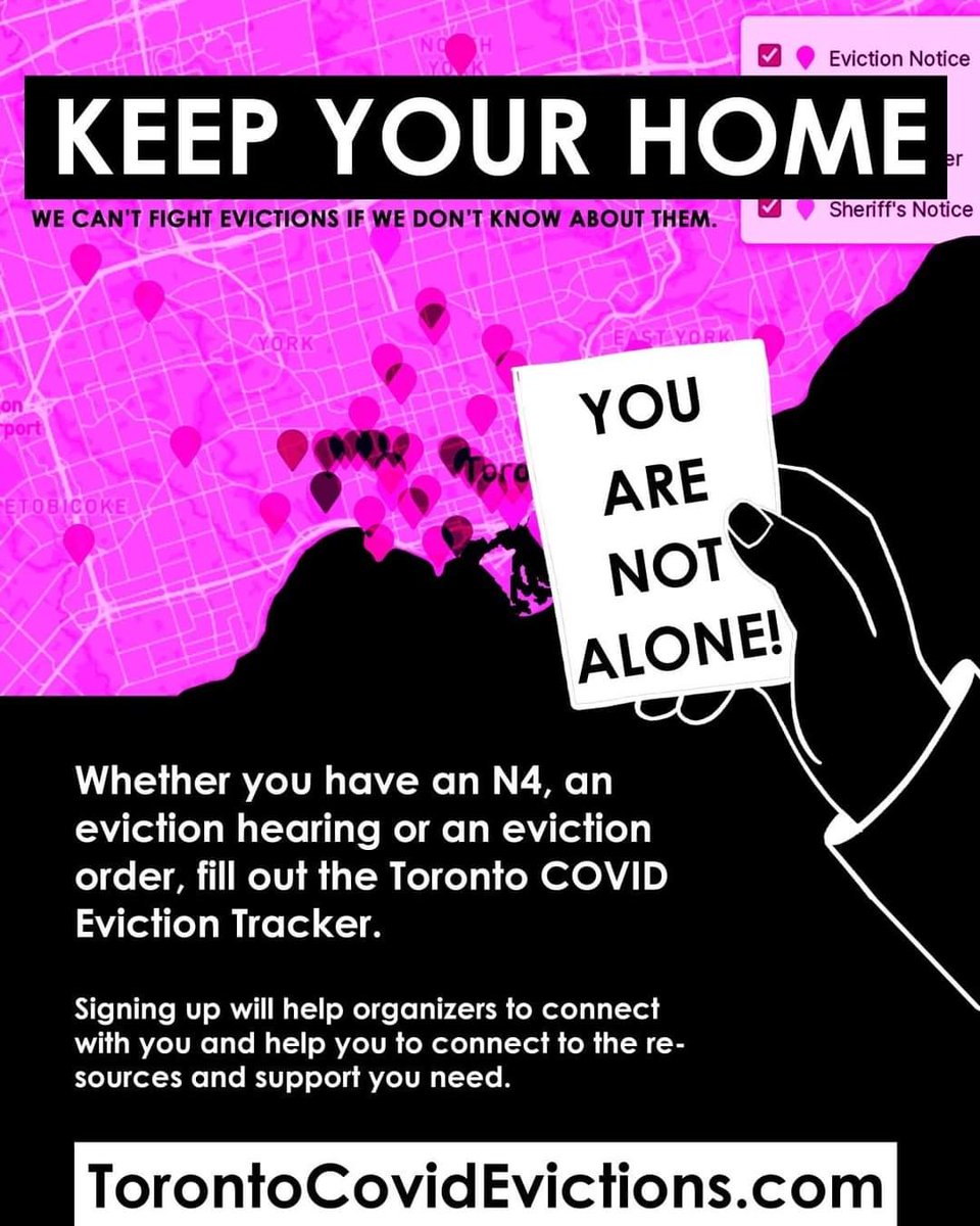 ParkdaleOrg's tweet photo. Do you have an N4? Eviction hearing? Track it with the Toronto #COVID eviction tracker to connect with organizers and get the support you need. #keepyourhome 

#NoCovidEvictions 
➡️ https://t.co/Hi5lq6Ebm6 https://t.co/KUB8pX1nIj