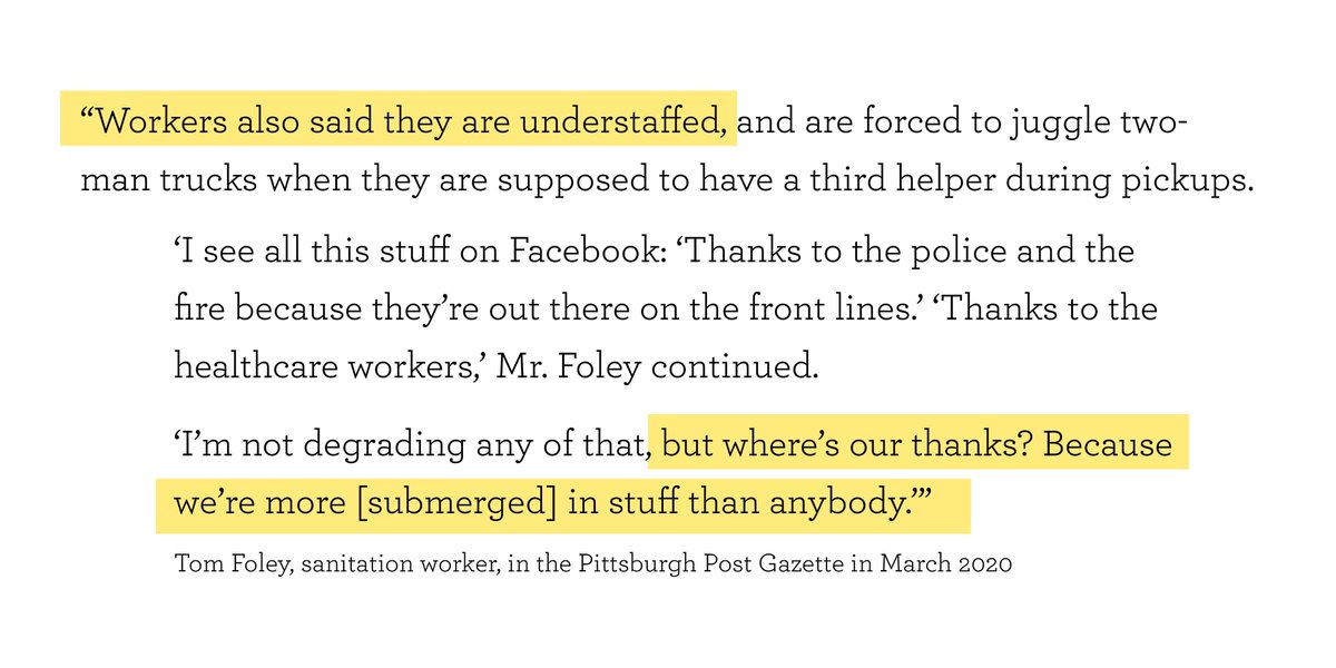 Lost within these media accounts on mitigating dual financial and health disasters is the voice of workers. For example: it took Pittsburgh waste workers striking to call attention to the lack of necessary PPE and hazard pay. 9/10
