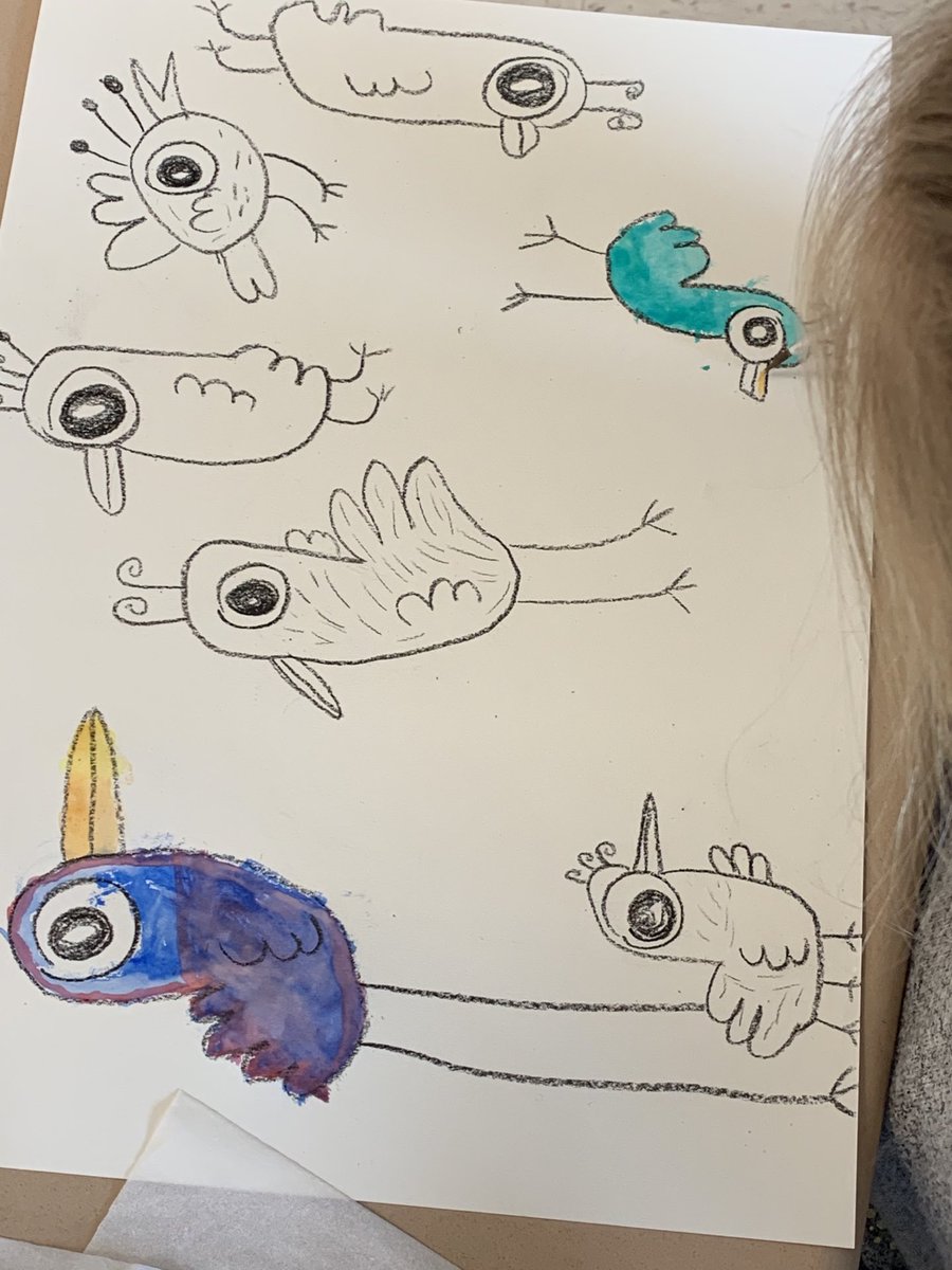 FW_SprinkleART's tweet photo. Up, Tall &amp; High by Ethan Long. A First Grade lesson on Watercolor Resist with a wet-on-wet technique background.  Lots of learning here...next week we will be layering colored pencil to create an amazing look! #elementsofart #shape/value/line #❣️ https://t.co/JV8LlMZ2yG