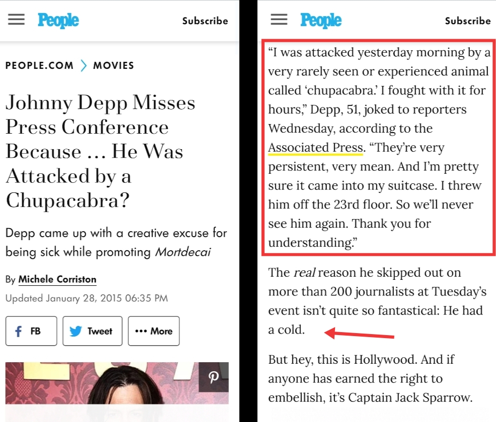 1) AH claimed that JD attacked her around Jan 25,2015.Jan 27: JD couldn't attend a press conference bc he was sick. He joked abt it & said a Chupacabra attacked him. (HINT)Later that day they attended the premiere:AH: happy w no injuries.JD: depressed w an injured finger.