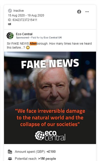 Claims include the enormous wildfires we have seen in recent years were actually caused by green policies. It also calls on young people to not be taught about climate change in school and attacks D.Attenborough's campaign to stop damage to the natural world as “fake news”Eg: