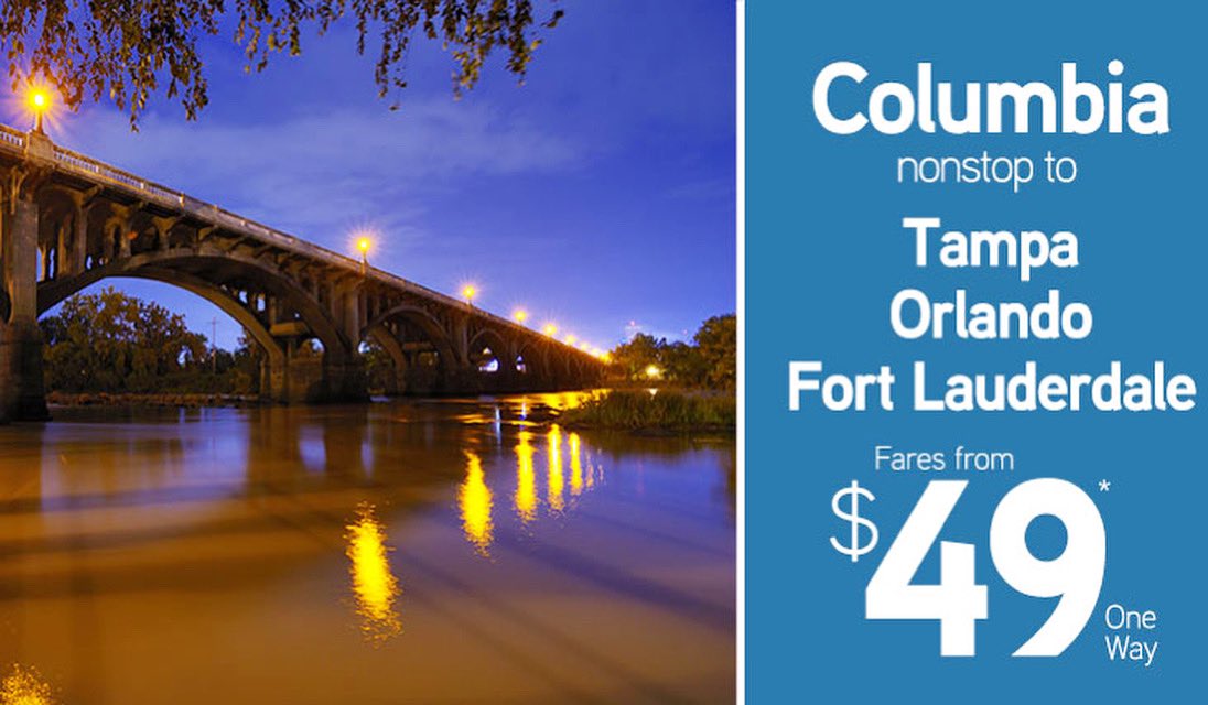 iFlyCAE's tweet photo. Three new flights to the Sunshine State?! Yes, please! For more information about CAE’s newest routes on @silver_airways beginning Dec. 17, please visit. —> https://t.co/Bqr70hOMck https://t.co/lnXh3pTGEr