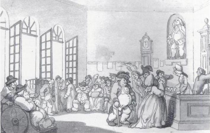 Thomas Rowlandson depicts wheelchairs in use in Bath, such as in this image, 'The Pump Room' from a series of images called The Comforts of Bath in 1798