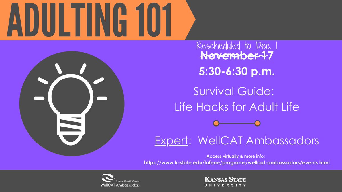 KStateWellCAT's tweet photo. We hate to do this, but we're rescheduling our final Adulting 101 workshop: Life Hacks for December 1, 2020. Get the Zoom link or view past workshop recordings here: https://t.co/O2Qd6FKjYg. https://t.co/TmwLTNpgBl