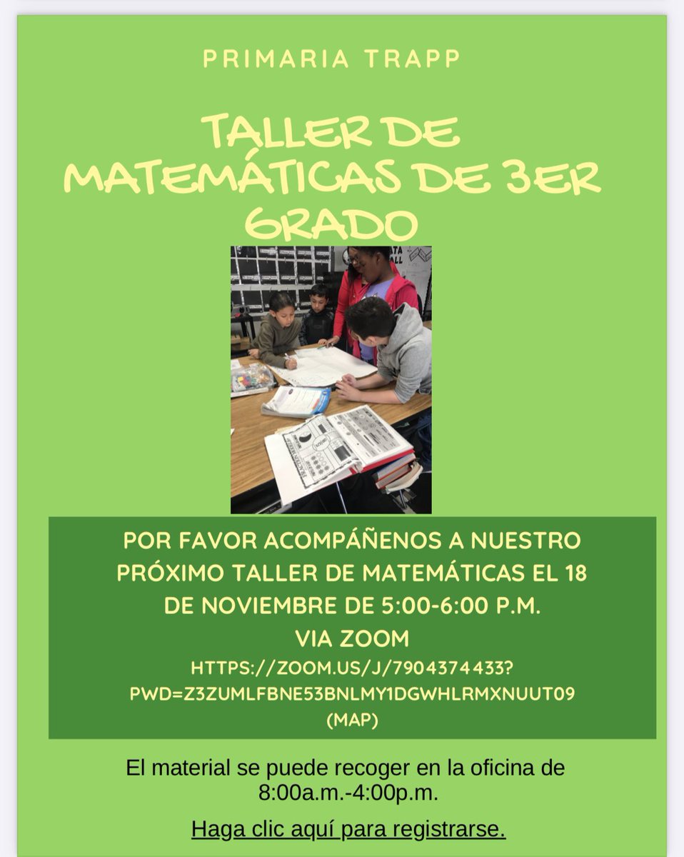 cuevas_Daniel06's tweet photo. Trapp is hosting another Math Workshop for families, this time for our 3rd graders. Register and make sure to stop by the school to pick up a packet of materials. We look forward to seeing you soon. https://t.co/zoIupx4HvU