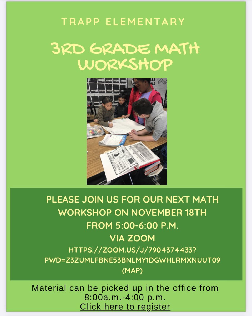 cuevas_Daniel06's tweet photo. Trapp is hosting another Math Workshop for families, this time for our 3rd graders. Register and make sure to stop by the school to pick up a packet of materials. We look forward to seeing you soon. https://t.co/zoIupx4HvU