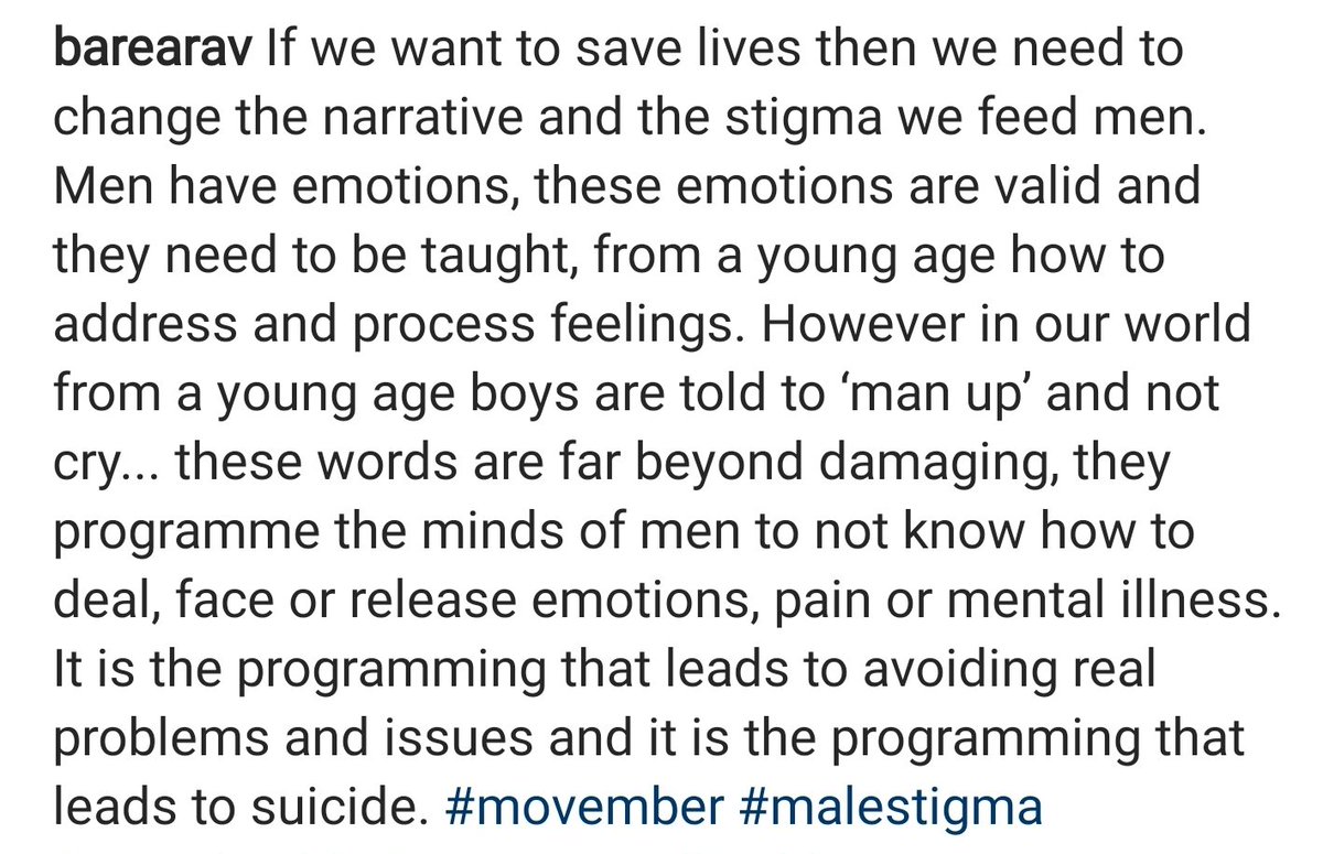 barearav's tweet photo. If we want to save lives then we need to change the narrative and the stigma we feed men. Men have emotions... #movember #malestigma #menshealth #mensmentalhealth #emotionalfreedom #painrelief
https://t.co/gEqLH1p6VF https://t.co/qTY3ndl3Nv