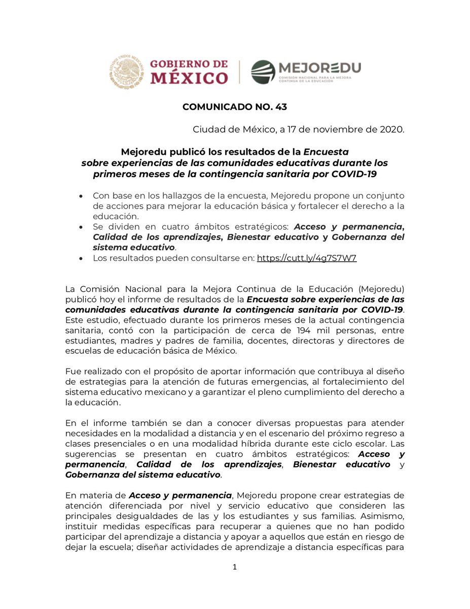 MejoreduMX's tweet photo. #Comunicado🗞️

MEJOREDU publicó los resultados de la Encuesta sobre experiencias de las comunidades educativas durante los primeros meses de la contingencia sanitaria por COVID-19.

• Los resultados pueden consultarse en: https://t.co/AnJViSJFIH

➡️ https://t.co/eQw4LxSJBb https://t.co/8HWME9ETDw