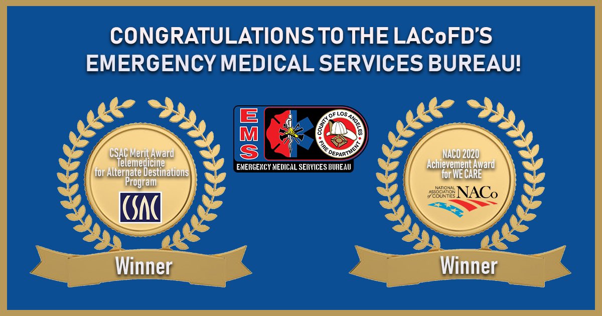 LACOFD's tweet photo. Congrats to our #LACoFD EMS Bureau team for receiving the CSAC Merit Award for the Telemedicine for Alternate Destinations Program &amp; NACO Achievement Award for the WE CARE Program. 🎉

Thank you for developing innovative programs &amp; best practices that inspire &amp; guide others! https://t.co/0FFTCchCXS