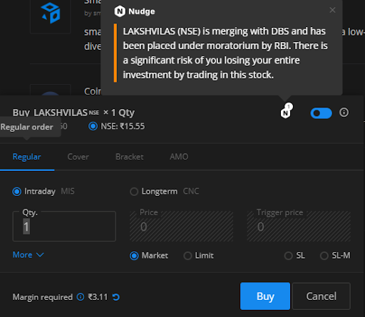 Nithin0dha's tweet photo. This will be the Nudge on Kite tomorrow for people trying to buy Lakshmi Vilas Bank without knowing the news. Nudge is by far the most exciting thing we're working on at Zerodha. We're trying to incorporate nudges to warn users when they're about to break the basic trading rules. https://t.co/8lLTTmiYjI