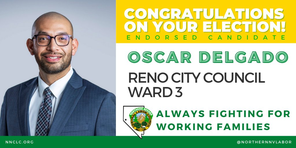 northernnvlabor's tweet photo. Congrats to @OscarDelgadoNV on his successful reelection to Reno City Council Ward 3! ๐ #Labor2020 #UnionVotes https://t.co/FHCyRfSsTI