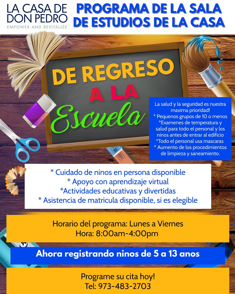 La Casa’s Study Hall Program is now registering children ages 5- 13 years old for our in-person childcare with small groups of 10 students or less, support with virtual learning, educational and fun activities, and more. See flyer for details and register today!