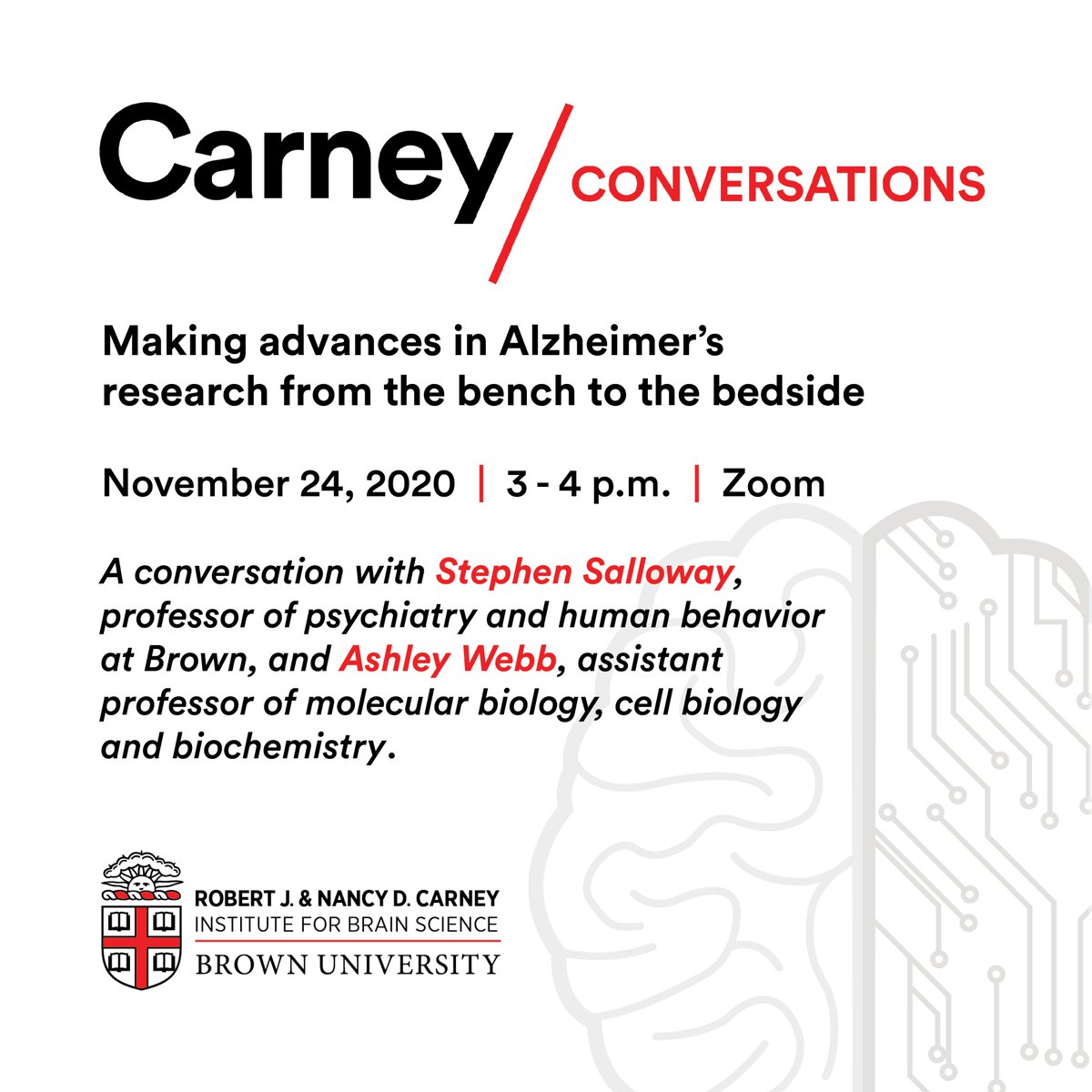 Register today for "Carney Conversations: Making advances in #Alzheimers research from the bench to the bedside" with <a href="/BrownUniversity/">Brown University</a> Profs. Stephen Salloway &amp; Ashley Webb. buff.ly/3l1LB4A
#BrownBrainScience <a href="/MemoryAndAging/">Memory & Aging Program at Butler Hospital</a> <a href="/Brown_SPH/">Brown University School of Public Health</a> <a href="/BrownMedicine/">The Warren Alpert Medical School</a> <a href="/BrownUNeuro/">Brown Neuroscience</a>