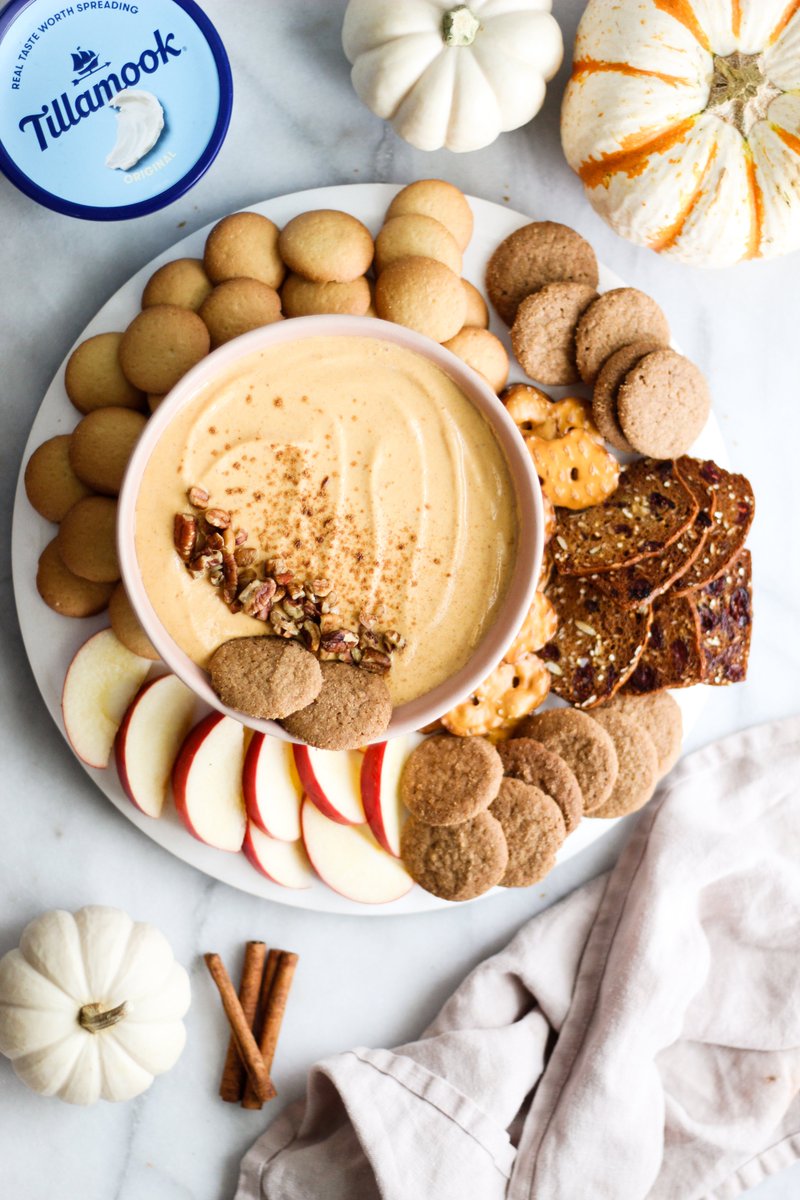 Incredibly simple + delicious - this Maple Pumpkin Cream Cheese Dip is what you need this year at your Thanksgiving table! #Ad Made with <a href="/tillamookdairy/">Tillamook</a> Farmstyle Cream Cheese Spread, it's so easy to whip up! #SchmearOn ourbalancedbowl.com/maple-pumpkin-…