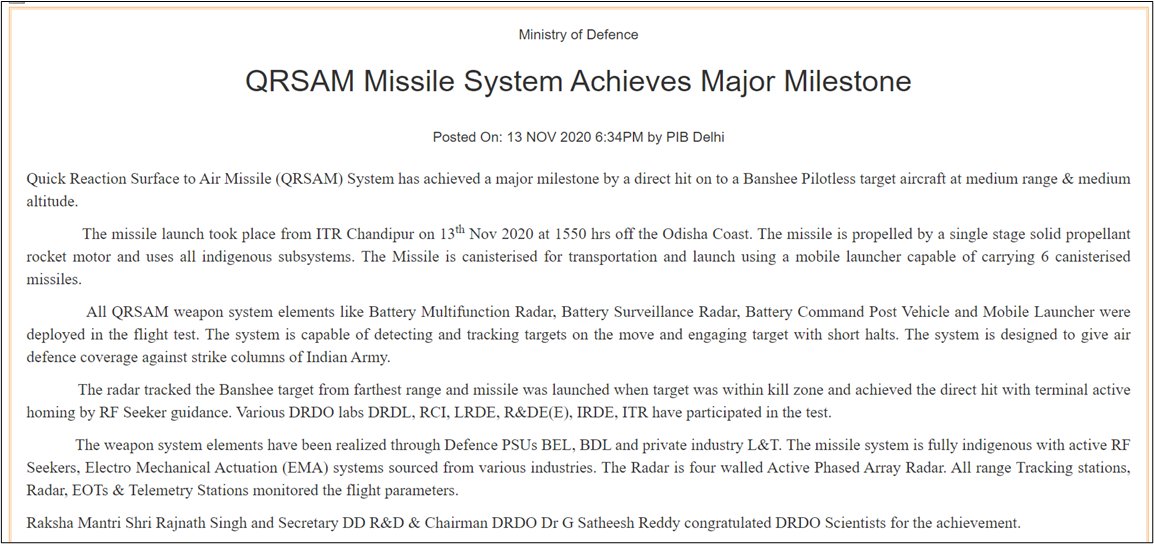DRDO successfully tested the QRSAM twice. QRSAM brings many novel techs. Few pointers - 1. 4-side AESA radar - See 3rd image. It has 4 fixed radar panels which provide on-the-move surveillance with high refresh rate.2. Compared to this, it requires considerable time to set-up +