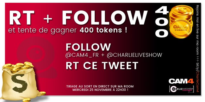 🔥🔥JEU CONCOURS
🔥🔥🔥GAGNE 400 TOKENS💰

FOLLOW➡️ @Charlieliveshow ➕ @Cam4_FR 
➡️RT CE TWEET (sans citer)
➡️