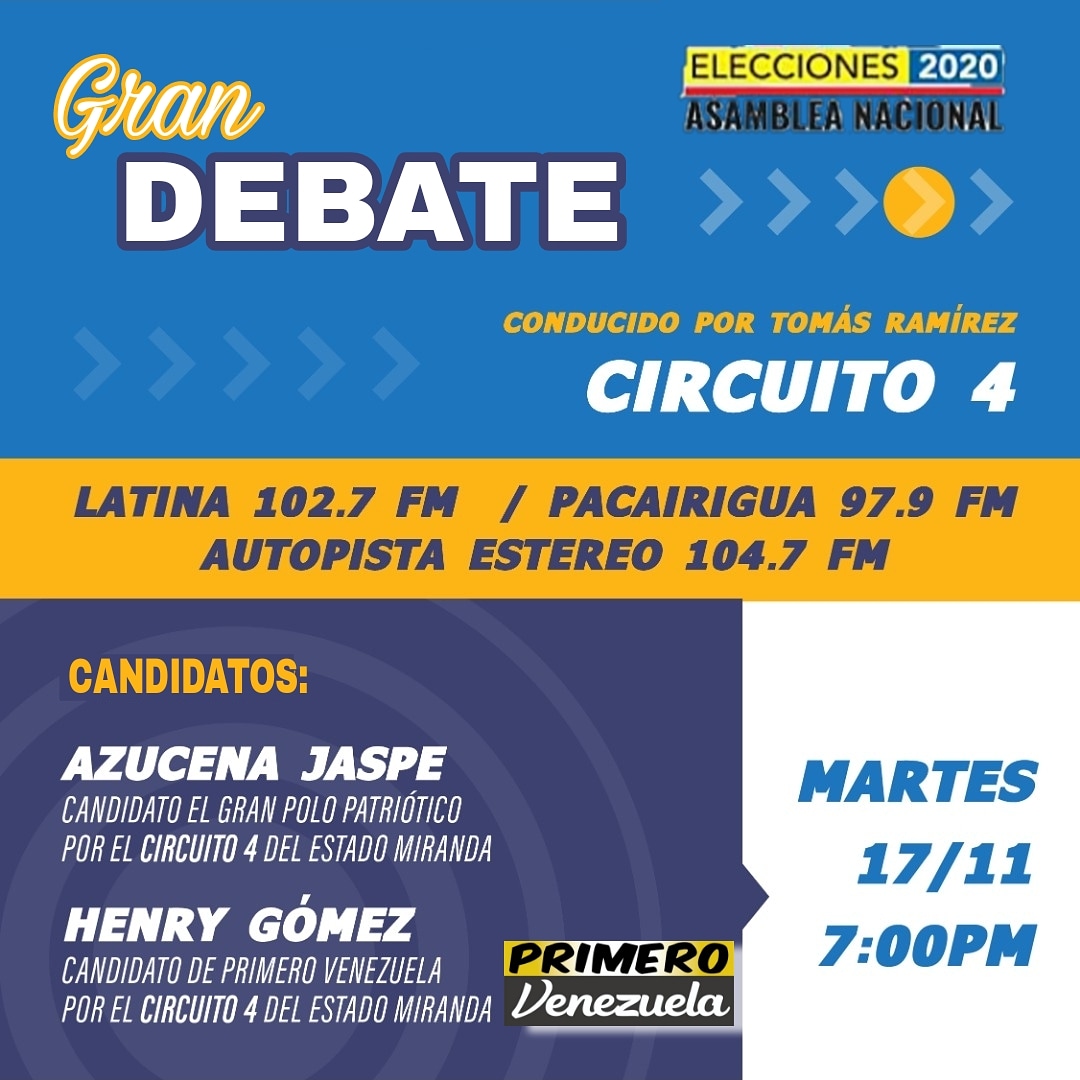 Hoy #17nov participaré en debate con @azucena_jaspe por #Circuito4Miranda
.
Siempre con la verdad y en defensa de nuestros ciudadanos! Para nosotros Primero es Venezuela 🇻🇪
.
SINTONIZA 7:00PM
.
102.7 FM
.
97.9 FM
.
104.7 FM
.
PARTICIPA ESTE #6DIC VOTA AMARILLO! #PrimeroVenezuela