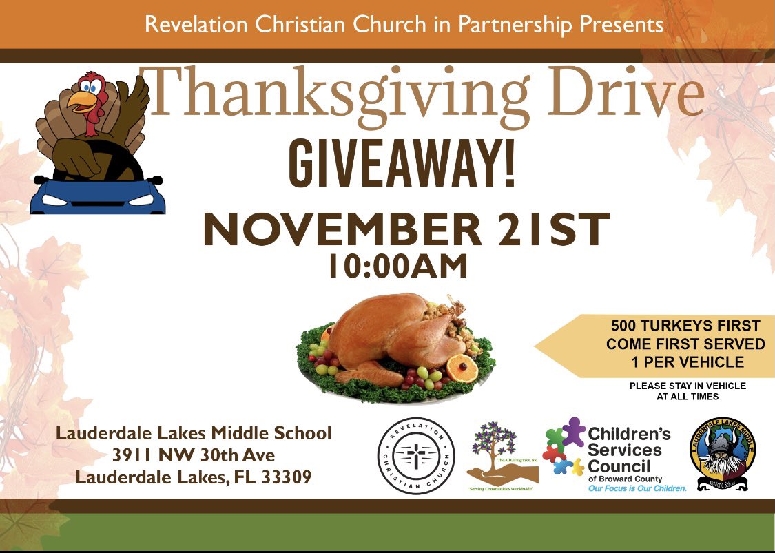 RolleRosheika's tweet photo. Lauderdale Lakes Middle is elated to partner with @RobensChery and Revelations Church for the 3rd year in a row! Come out and receive your free Turkey! @MsSlesinski @LLMS_Vikings @LLakes_WeCare @DrFlem71 @reimagine_bcps https://t.co/3muwI7JNXq
