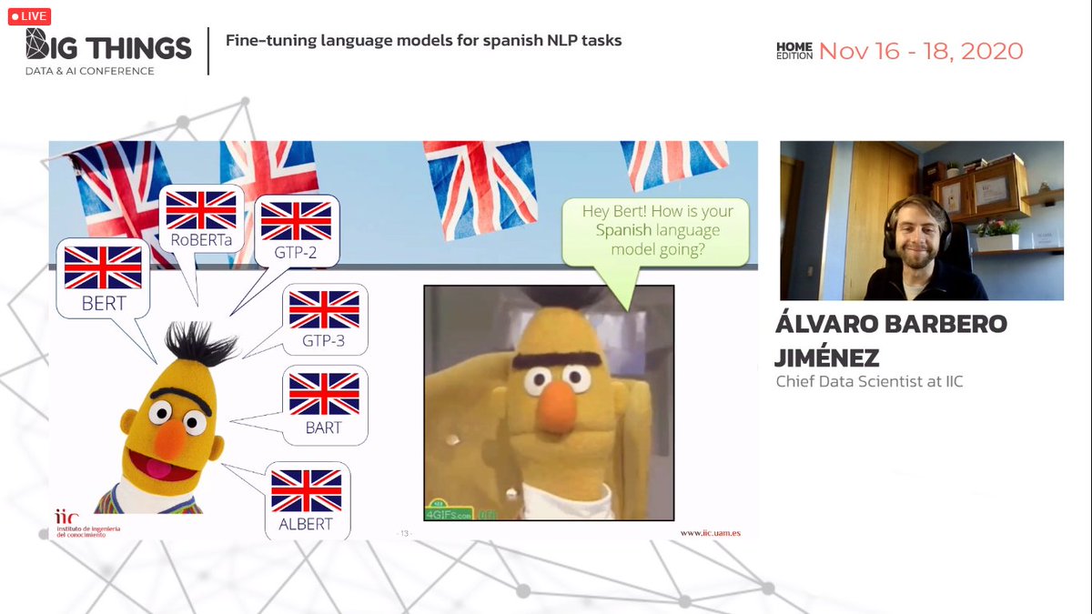 Estupenda charla de <a href="/albarjip/">Álvaro Barbero Jiménez</a> sobre nuestro proyecto de RigoBERTa y los modelos de lenguaje en español #NLP #iA #BIGTH20 <a href="/IIConocimiento/">IIC</a>