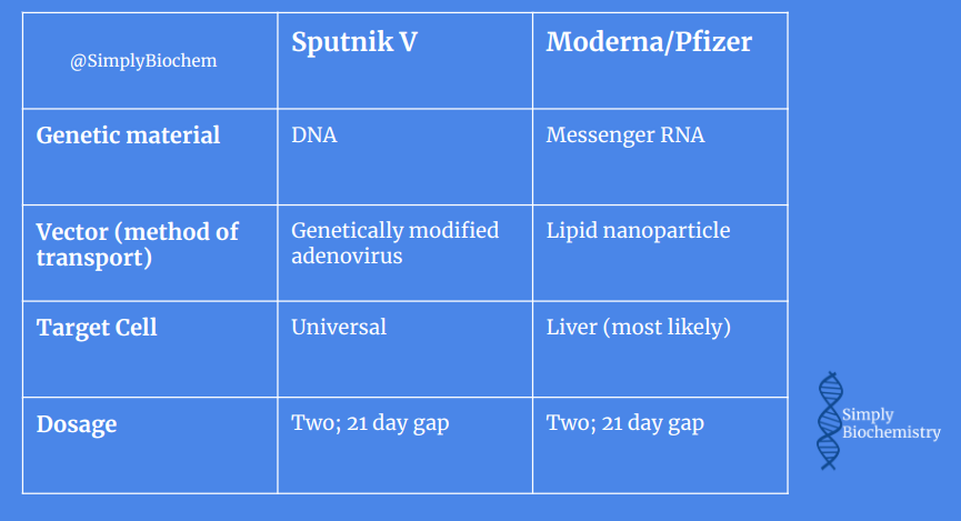 The major differences between the Sputnik V and Moderna/Pfizer vaccines are the genetic material and the method of transport. They are summarised in this table!