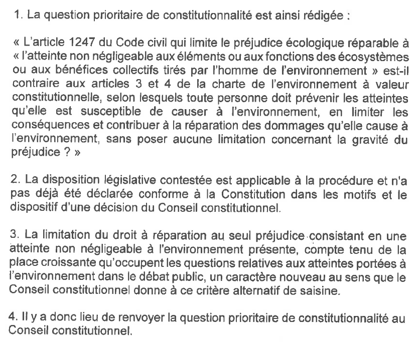 N_Hervieu's tweet photo. Protection de l'environnement : La @Courdecassation transmet au @Conseil_constit une #QPC sur la limitation du préjudice écologique réparable.

De façon remarquable, la #QPC est transmise car "nouvelle" du fait de la "place croissante" de l'environnement dans le débat public. https://t.co/1Sj6Jp8bOO