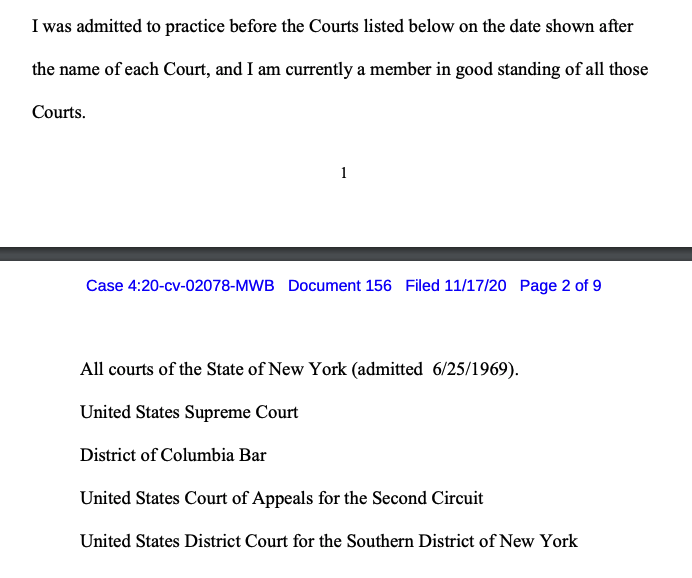 A Rudy Giuliani update: His app to join the Trump case in PA lists bar/court memberships, here's what I've been able to find so far:- NY: active- DC: suspended for non-payment- SDNY: active, per the court- 2nd Circuit: not active, per the court- SCOTUS: waiting to hear back