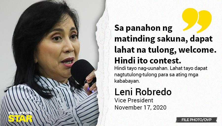 PhilippineStar's tweet photo. 'HINDI ITO CONTEST' 

Vice President Leni Robredo said all help should be welcome in times of calamities because extended relief to typhoon-hit Filipinos is never a competition. https://t.co/9c27NRtoD9