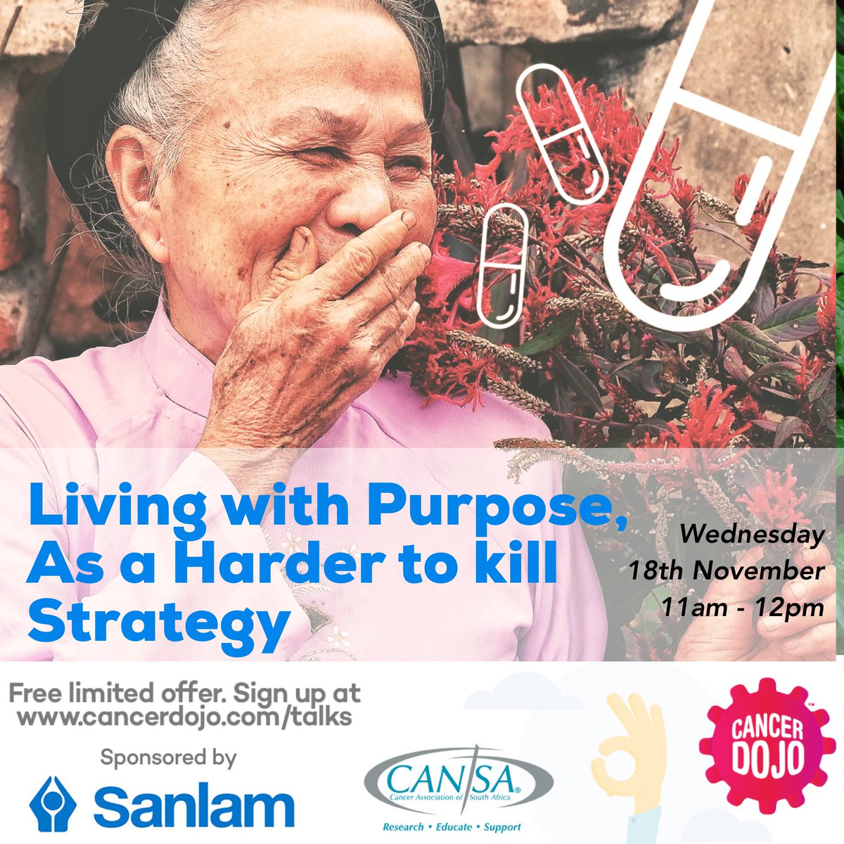 Join <a href="/ConnBertish/">conn bertish</a> of <a href="/cancerdojo/">Cancer Dojo</a> for his 8th webinar on how ‘Living with Purpose, is a Powerful  Strategy to Become Harder To Kill’ ✨👊💕✨Join us! ✨🎈Tomorrow #beatcancer #Creativity #Resilience #training Sponsored by @sanlam_group #sanlam #anxiety #stress #wellness #mindset