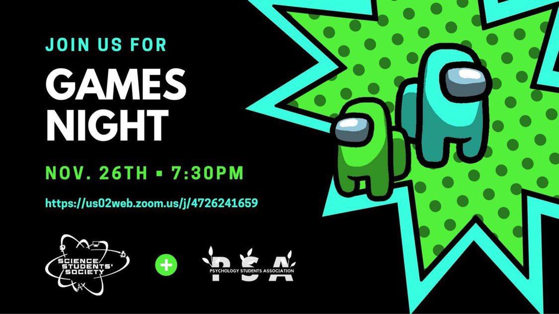 uReginaSSS's tweet photo. Join us for a Games Night on Thursday November 26th at 7:30pm alongside the @UReginaPSA ! Join us on zoom where we’ll be playing Among Us, Jackbox and Kahoot https://t.co/h19dFdU0Vq