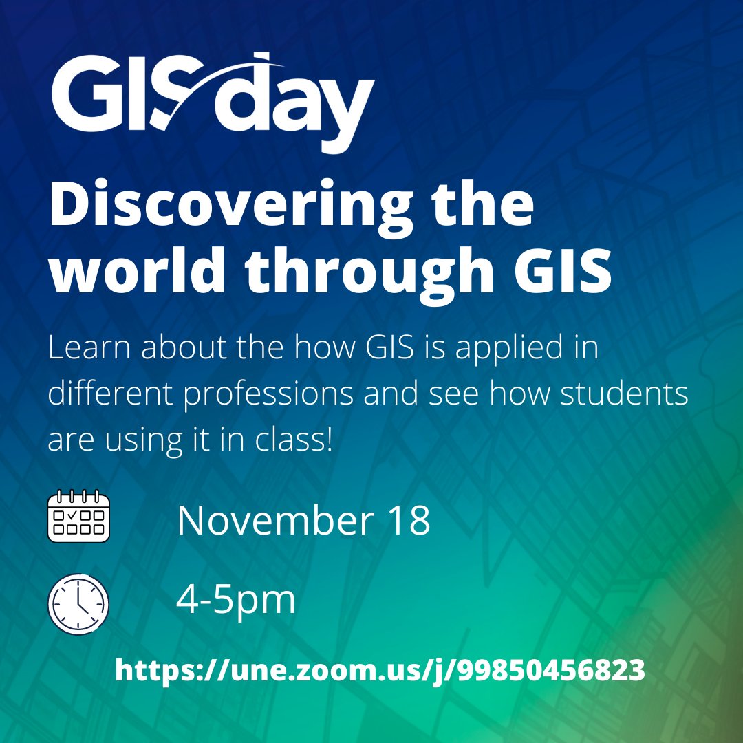 Check out UNE GIS Day showing how geographic information systems #GIS can be used across disciplines and see how students are using it in class and for their professional development #GISDay2020 #GISDay