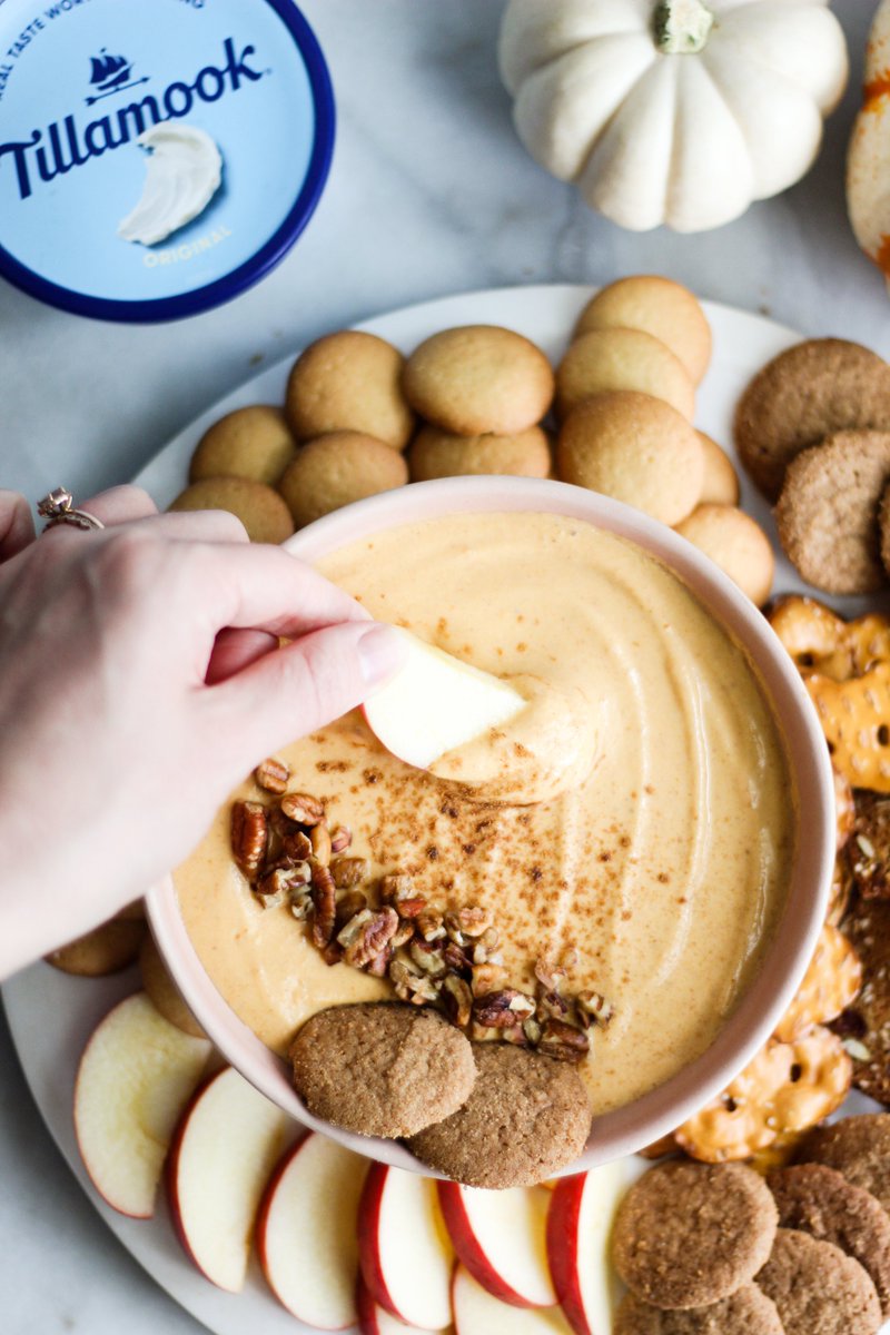 Need a last minute Thanksgiving dessert or appetizer option? Try out this Maple Pumpkin Cream Cheese Dip made w/ <a href="/tillamookdairy/">Tillamook</a> Farmstyle Cream Cheese Spread! It's incredibly rich, creamy and has the best pumpkin flavor! <a href="/tillamookdairy/">Tillamook</a> #SchmearOn #Ad ourbalancedbowl.com/maple-pumpkin-…
