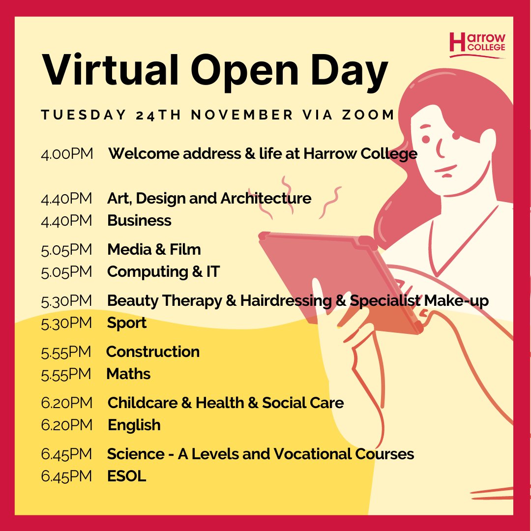 HarrowCollege's tweet photo. We cant wait to meet you all next Tuesday! Attend as many of our course sessions as you like, there's a variety to choose from for September 2021. Register your place today 👉 https://t.co/IgUIuXOhH3
#HarrowCollege #OpenDay #VirtualOpenDay #Virtual #HCUC https://t.co/wj6GZQX7hw