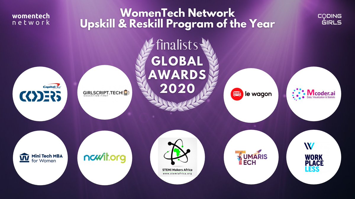 WomenTechNet's tweet image. ⭐ These top programs help people upskill and reskill to start and grow their careers in tech! Here are the finalists for the Upskill and Reskill Program of the Year 2020.
🎫 Get your ticket here to join the live ceremony lnkd.in/eTbdKGs
#womenintech #WTGA20
