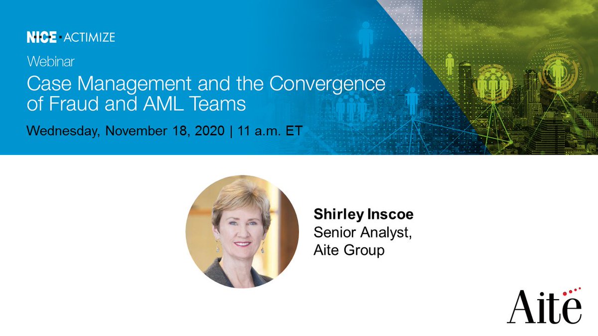 DatosInsights's tweet photo. Join @AiteGroup's @ShirleyInscoe and @NICE_Actimize  GM Justin McLean TMRW 11/18 at 11am ET for a live #webinar: Case Management and the Convergence of Fraud and AML Teams. Register now at https://t.co/SW0nQGdP8F #casemanagement #fraud #AML #antimoneylaundering #financialcrime https://t.co/Zuk4vOtOEr