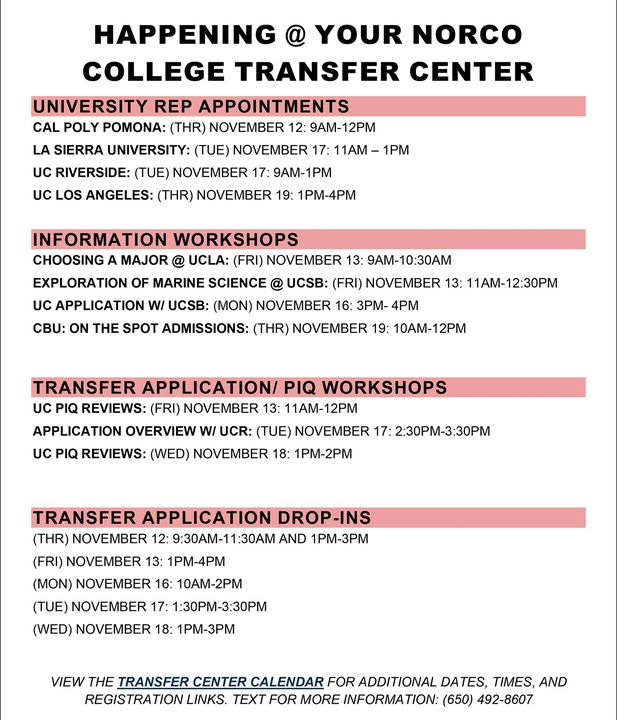 NorcoCollege's tweet photo. Check out what is happening in the NC Transfer Center today! University Rep appointments and transfer application drop-in help. View the calendar for more dates, times, and registration links: https://t.co/zvXdhWRC9P. Text for info: (650) 492-8607 #ThinkTransfer https://t.co/YtTxJ7qaGb