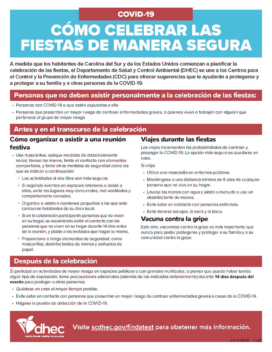 As the holidays are approaching, the South Carolina Department of Education encourages districts and schools to be mindful about celebrating with family and friends. @SCDHEC has created the flyer below for ways to celebrate the holidays safely.