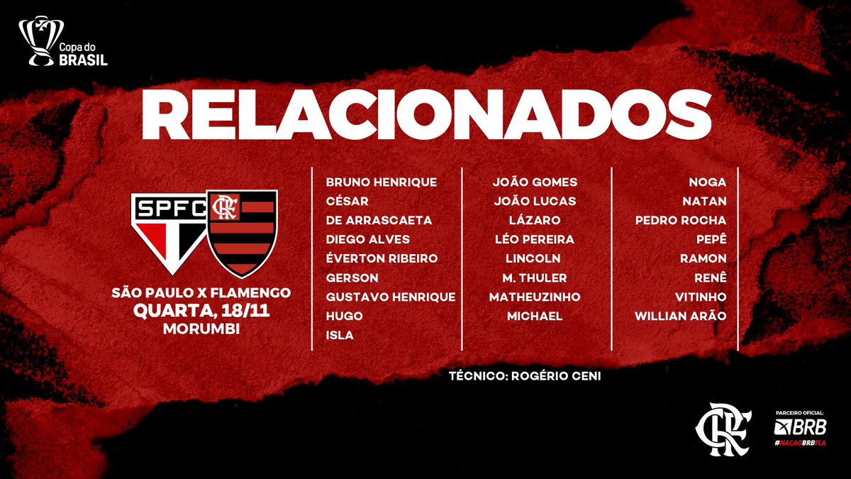 Flamengo Até Morrer - NOSSO TIME É A GENTE EM CAMPO! O Flamengo está  escalado para enfrentar o São Paulo, pela final da Copa do Brasil!  #VamosFlamengo #SAOxFLA