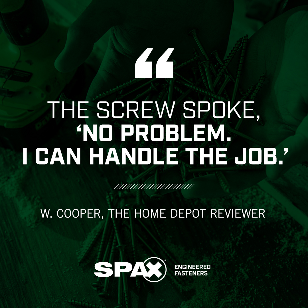 SPAX_USA's tweet photo. We drive confidence into every job.
#SPAXFactor #testimonial #DoitOnceDoitRight #TheHomeDepot #fasteners #contractors #buildingmaterials #madeintheusa #americanmade https://t.co/BmFv7bVTZB